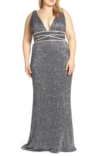 Mac Duggal Plus Size Sequined V-neck Column Gown In Charcoal