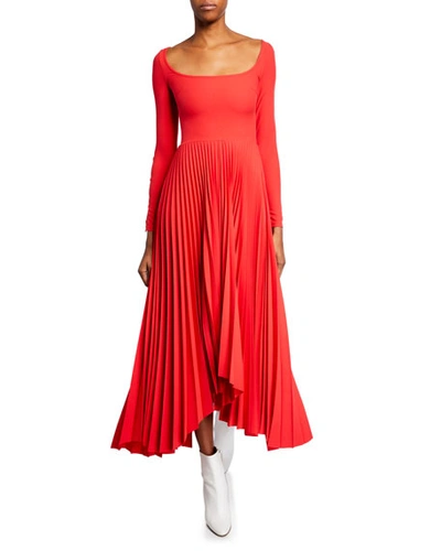 A.w.a.k.e. Scoop-neck Long-sleeve Pleated Dress In Red