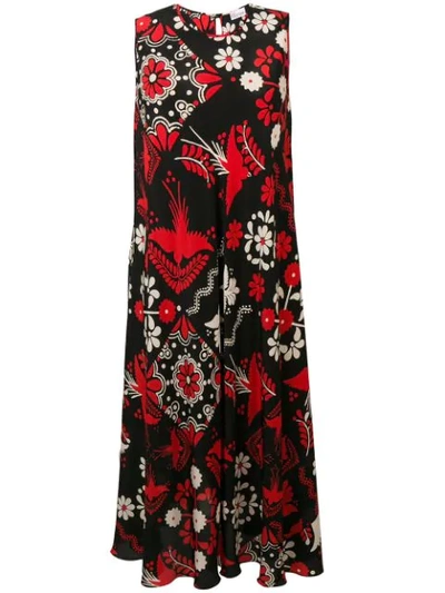 Red Valentino Birds & Flowers Silk Crepe De Chine Tank Dress In Black
