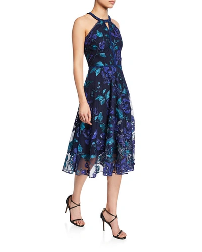 Marchesa Notte Floral-printed Laser-cut Halter Dress With Leaf-embroidery In Navy