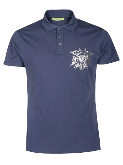 Versace Logo Print Polo Shirt In Blue