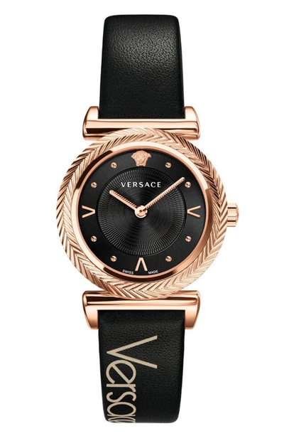 Versace V Motif Leather Strap Watch, 35mm In Black/ Rose Gold