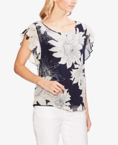 Vince Camuto Pagoda Blossoms Flutter Sleeve Blouse In Classic Navy