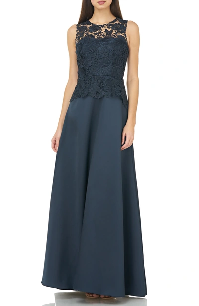 Carmen Marc Valvo Infusion Lace Bodice Evening Dress In Navy
