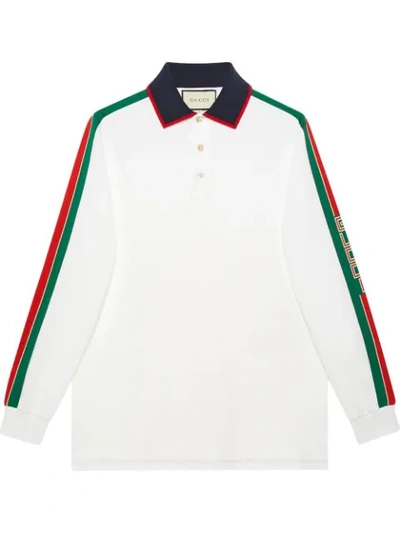 Gucci Men's Web-striped Long-sleeve Polo Shirt In White