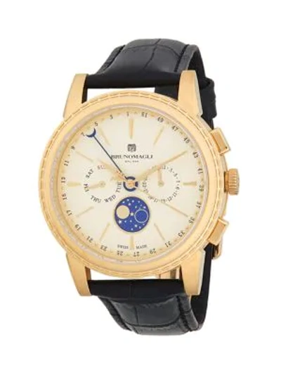 Bruno Magli Moon Phase Stainless Steel & Leather Strap Chrono Watch In Black