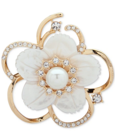 Anne Klein Gold-tone Imitation Pearl, Mother-of-pearl & Crystal Flower Pin, Created For Macy's In White