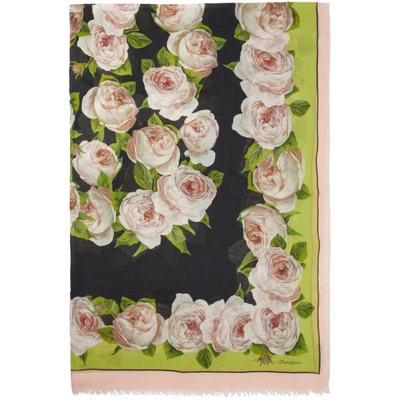 Dolce & Gabbana Dolce And Gabbana Black And Pink Silk Roses Shawl In Hnt67 Black