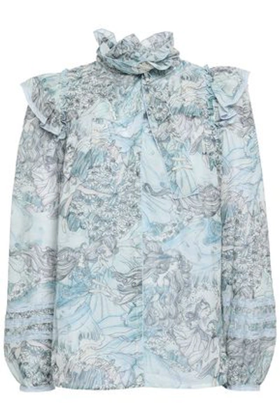 Marc Jacobs Woman Lace-trimmed Ruffled Printed Cotton Blouse Sky Blue