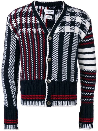 Thom Browne 4-bar Fun-mix Check Intarsia Cardigan In 960 Red, White And Blue