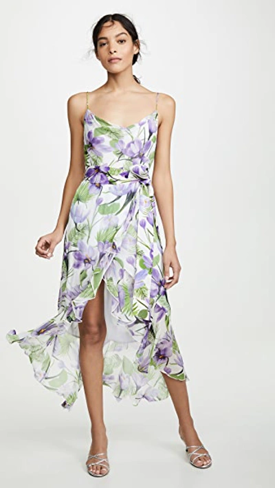 Alice And Olivia Tevi Cowl-neck Asymmetric Floral Dress W/ Sash In Lilac