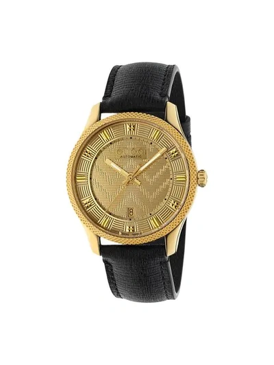 Gucci Men's Automatic Chevron-dial Watch W/ Leather Strap In Black