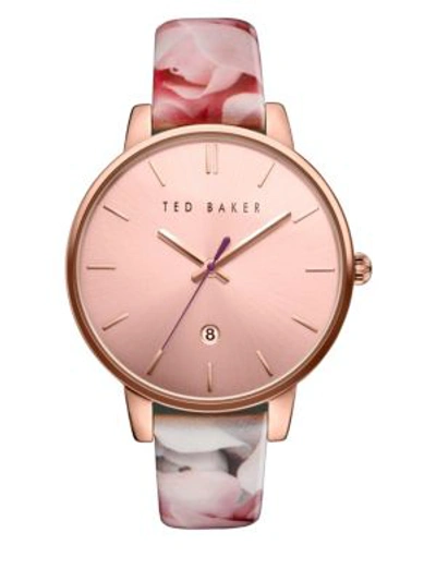 Ted Baker Kate Round Floral Print Leather Strap Analog Watch In Pink