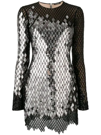 Balmain Long-sleeve Mirrored-sequin Mesh Mini Dress In Black