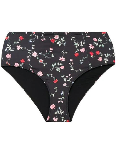 Ganni Jackson Floral-print High-rise Bikini Bottoms In Black