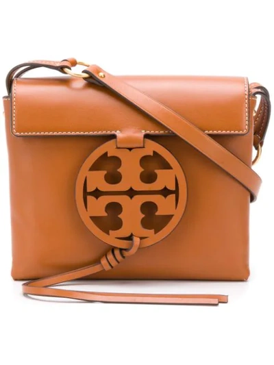 Tory Burch Miller Metal Logo Leather Flap Crossbody Bag In Aged Camel/gold