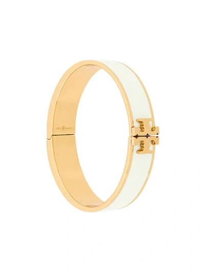 Tory Burch Raised Logo Enamel Hinged Bracelet In New Ivory/tory Gold