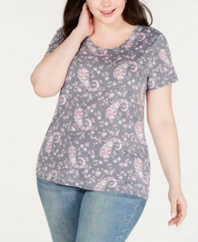 Lucky Brand Plus Size Floral-print Burnout T-shirt In Black Multi