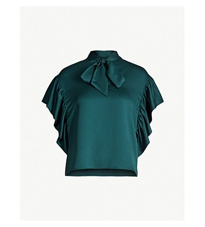 Ted Baker Robynn Pussybow Frilled Crepe Blouse In Dk-green