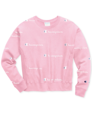 Champion Logo Print Reverse Weave Sweatshirt In Script Pink Candy