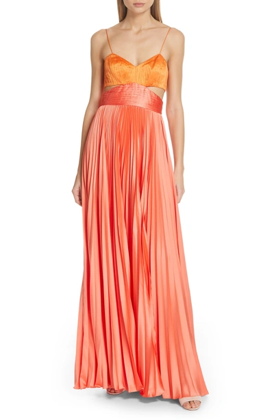 Amur Elodie Pleated Color-block Satin Gown In Coral Orange