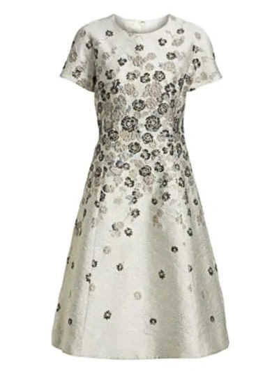 Teri Jon By Rickie Freeman Floral Jacquard A-line Dress In Silver Multi