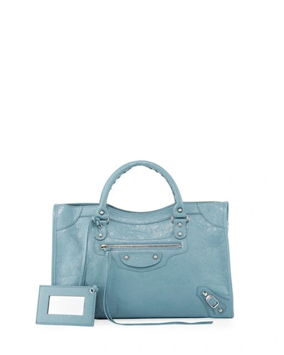 Balenciaga Classic City Aj Satchel Bag With Logo Strap In Blue/gray