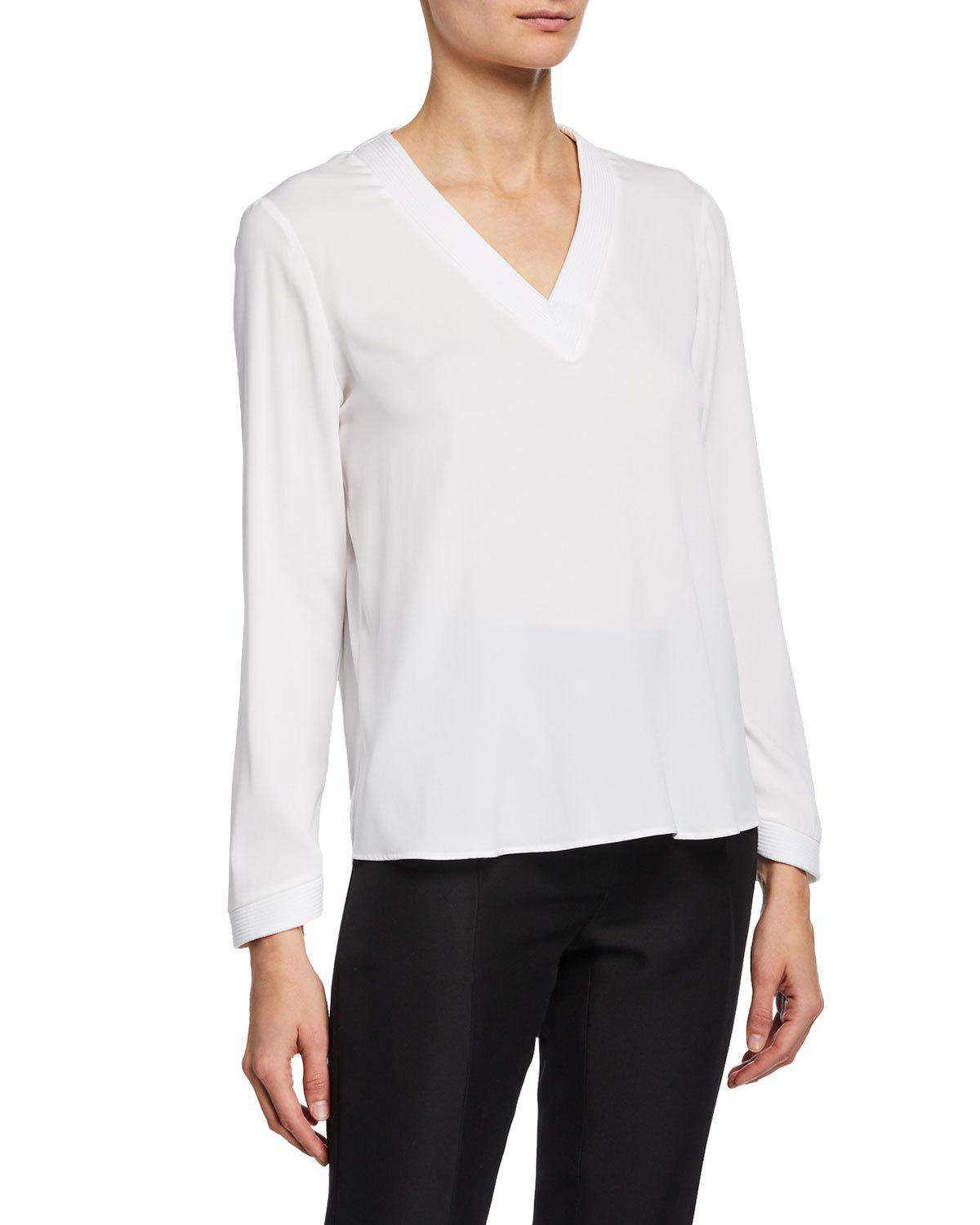 Giorgio Armani V-neck Long-sleeve Silk Blouse With Embroidered Details ...