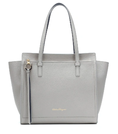 Ferragamo Amy Pebbled Leather Top-handle Bag In Pale Gray/navy/gold