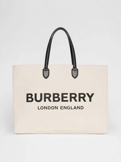 Burberry Logo Detail Cotton Blend Tote In Natural