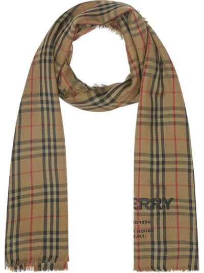Burberry Embroidered Vintage Check Lightweight Cashmere Scarf In Green