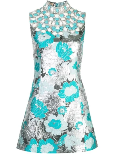 Michael Kors Embellished-bib Sleeveless Metallic Floral-brocade Short Dress In Aqua-slv