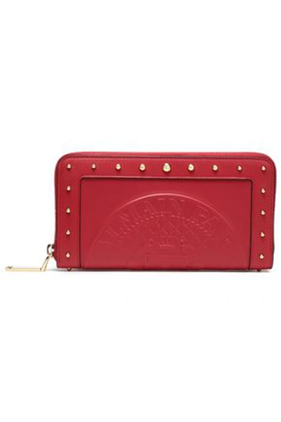 Balmain Studded Embossed Leather Wallet In Claret