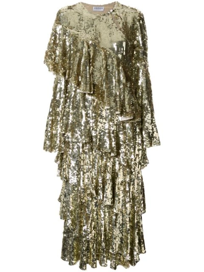 Osman Diaz Tiered Sequinned Midi Dress In Gold