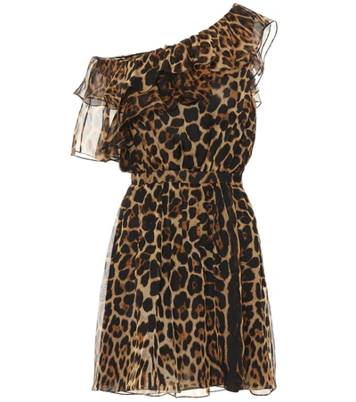 Saint Laurent One-shoulder Ruffled Leopard-print Silk-chiffon Mini Dress In Brown