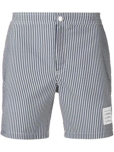 Thom Browne Logo-patch Striped Seersucker Swim Shorts In Blue