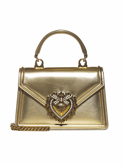Dolce & Gabbana Devotion Small Laminated Leather Bag In Oro