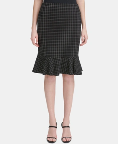 Calvin Klein Windowpane Plaid Ruffled Pencil Skirt In Black Grid