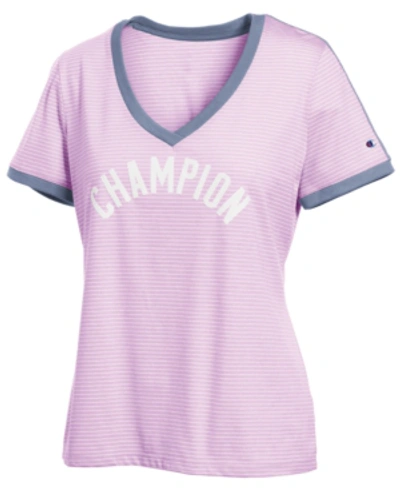 Champion Heritage Cotton Striped T-shirt In Pale Violet Rose/white