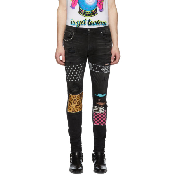 Amiri Art Patch Distressed Slim Jeans In Black | ModeSens