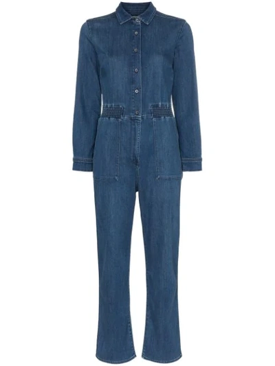 3x1 Mila Cropped Leg Collared Denim Jumpsuit In Blue