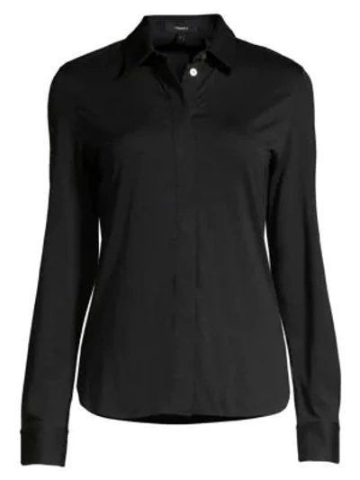 Theory Classic Fitted Black Silk Concealed Front Shirt