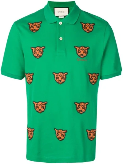 Gucci Embroidered Tiger Polo Shirt In Green