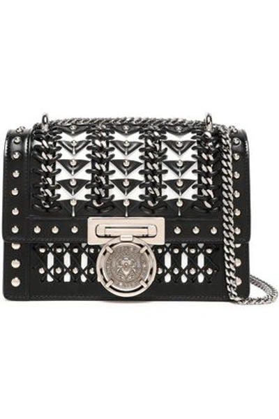 Balmain Woman Studded Laser-cut Leather Shoulder Bag Black