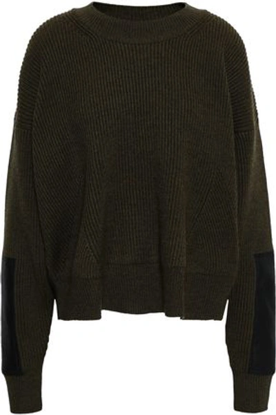 Stella Mccartney Woman Faux Leather-trimmed Mélange Wool Sweater Army Green