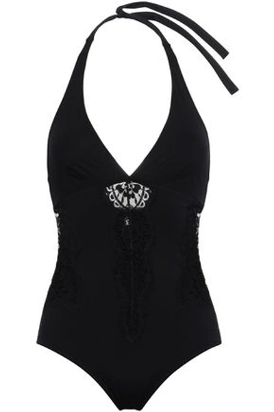 I.d. Sarrieri Lace-trimmed Halterneck Swimsuit In Black