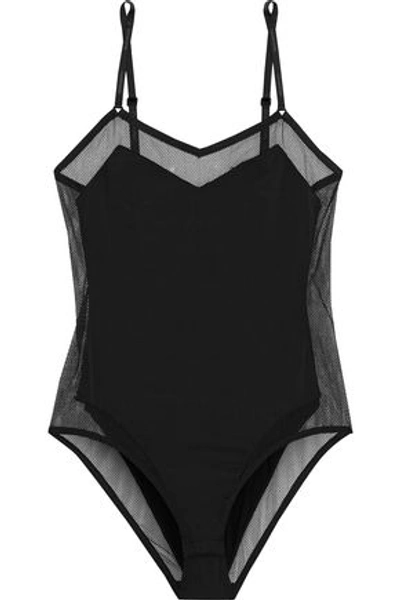 Calvin Klein Underwear Mesh-trimmed Stretch-jersey Bodysuit In Black