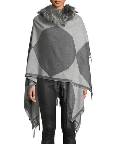 Fendi Colorblock Wool Poncho With Fur Collar In Gray