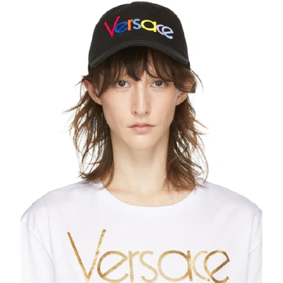 Versace Multicolor Logo Embroidery Canvas Hat In Black