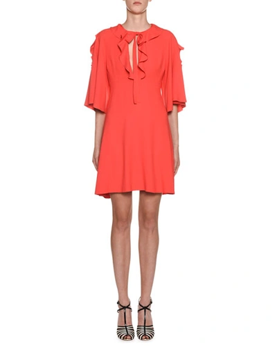 Giambattista Valli Crepe Flutter-sleeve Ruffled Neck Dress In Coral